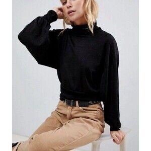 Free People Women's Black Long Sleeve Glam Turtleneck Metallic Sweater XSMALL